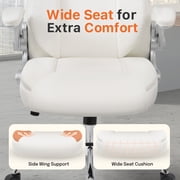 NEO CHAIR Executive Office Chair, Ergonomic High back Cushioned, Wide White Leather Seat 8 Hours Heavy Duty Design, Flip Up Armrest Computer Desk Chair, White