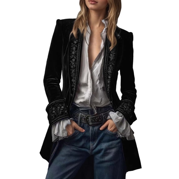 Womens Jacket Fall Vintage Floral Lace Velvet Open Front Steampunk Slim Lightweight Jackets Black