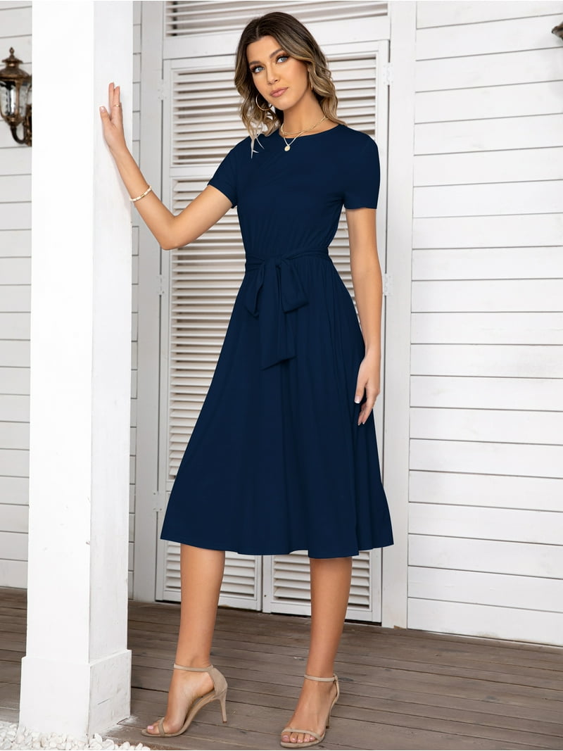 YININF Women's Navy Blue Casual Dress Pleated Loose Flowy Midi High Waist  with Hidden Pocket Belted Dresses,blue - Walmart.com