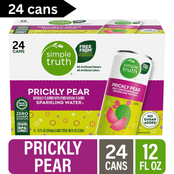 Simple Truth Naturally Flavored Prickly Pear Seltzer Water, 12 fl oz Cans, 24 Pack, Refreshing Sparkling Beverage, Zero Calories, Caffeine Free
