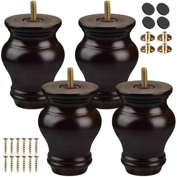 4 inch / 10cm Wooden Furniture Legs, Pack of 4 Classic Walnut Solid Wood Turned DIY Replacement Bun Feet with M8 Hanger Bolts & T-Nuts for Sofa Couch Cabinet Ottoman Bed Riser