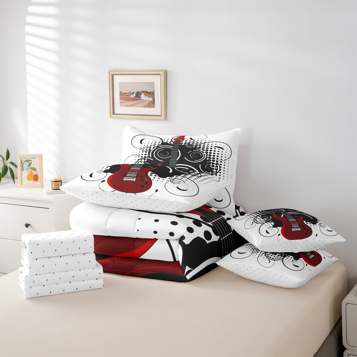 jejeloiu Red Guitar Twin Bedding Sets 7-Piece,Music Theme Bedding Comforter Set,Musical Instrument Sheet Sets For Children,Super Cozy Room Decor