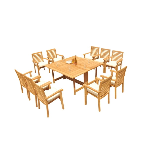 Grade-A Teak Dining Set: 10 Seater 11 Pc: 60" Square Rectangle Butterfly Table And 10 Hari Stacking Arm Chairs Outdoor Patio WholesaleTeak #51HR1411