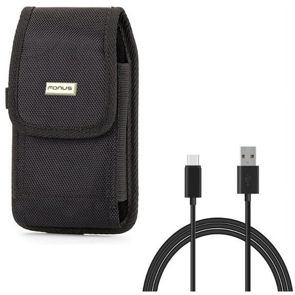 Rugged Canvas Case Holster Metal Belt Clip w Black 6ft Long Type-C Cable Rapid Charge USB Wire Sync E2E for LG G7 ThinQ, Stylo 4 Plus - Motorola Moto Z4 Z3 Play Z2 Play Z Play Droid Force