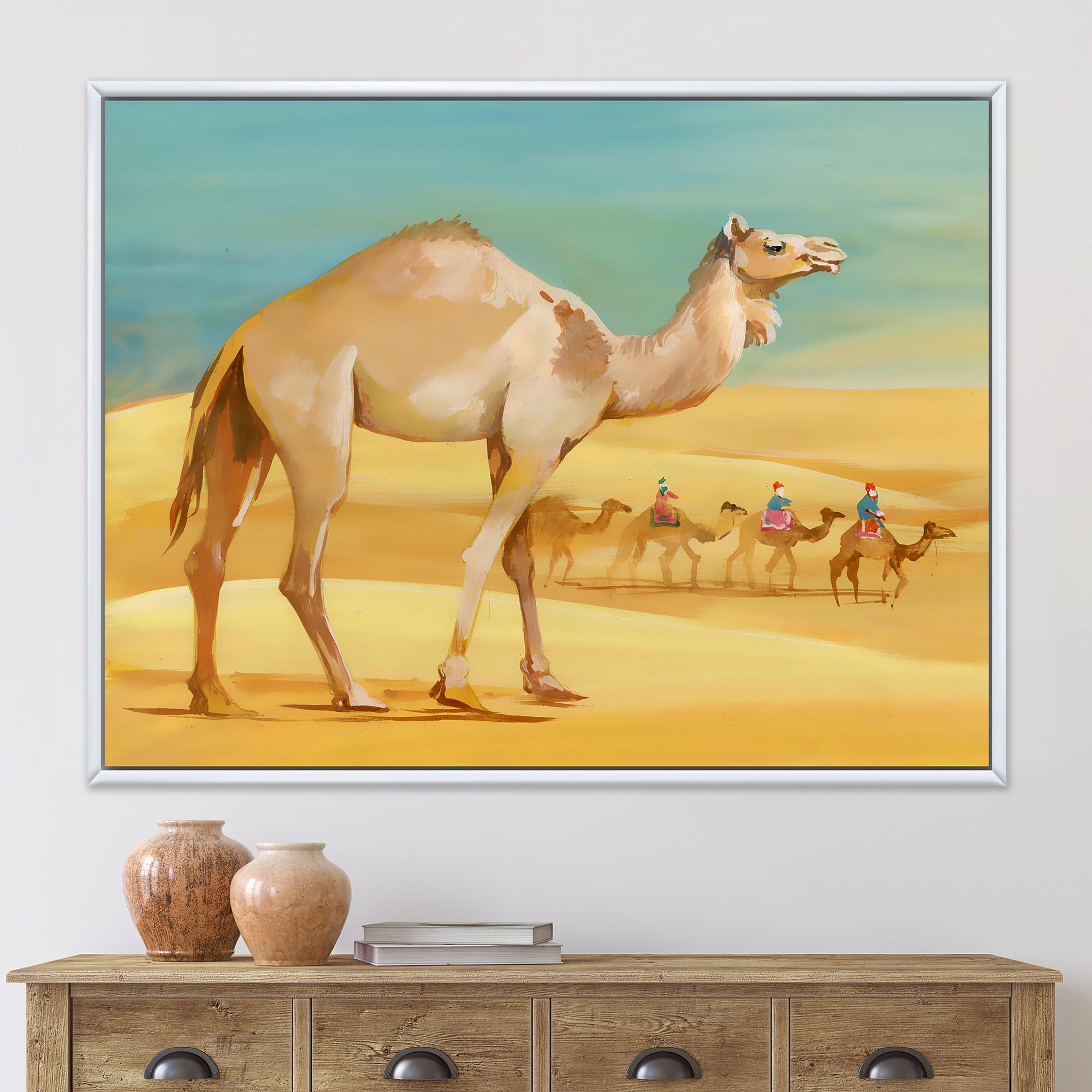 Designart 'Camels In Wild Desert I' Farmhouse Framed Canvas Wall Art Print