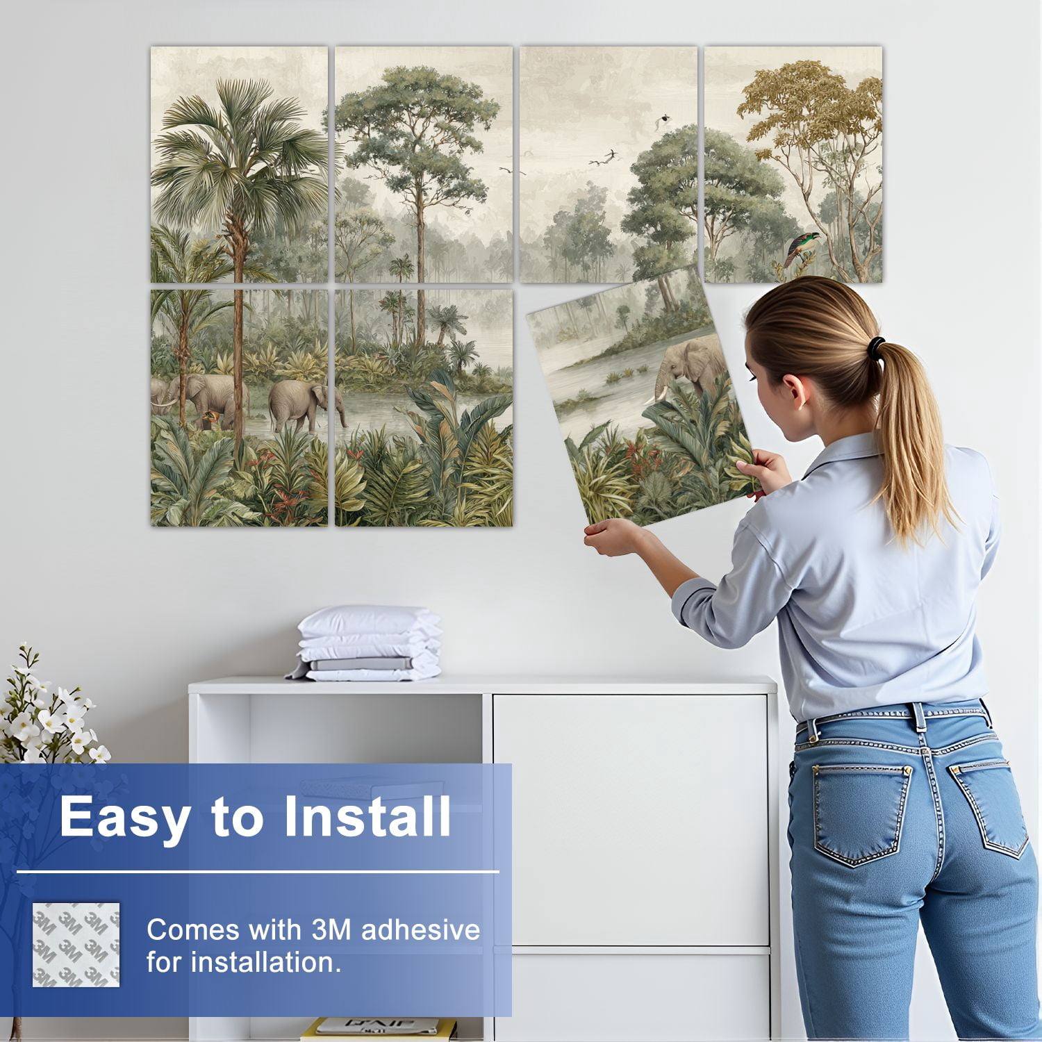 8 Pack Art Acoustic Panels Sound Absorbing Serene Tropical Jungle Scene Elephants Birds Decorative Soundproof Wall Panels Self Adhesive for Nursery Game Room Bedroom 48"x32"