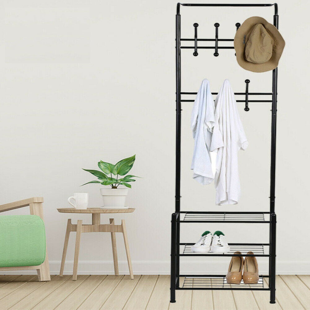 180cm Coat Stand Corner Garment Hat Rack Clothes Shoe Hanger with 3Storage Shelf 