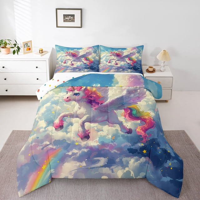 Unicorn Bed Comforter Set Queen Size,Freamy Animals Super Soft Microfiber Bedding Set for Adults Teens,Rainbow Cloud Comforter Set,2 Pillowcases