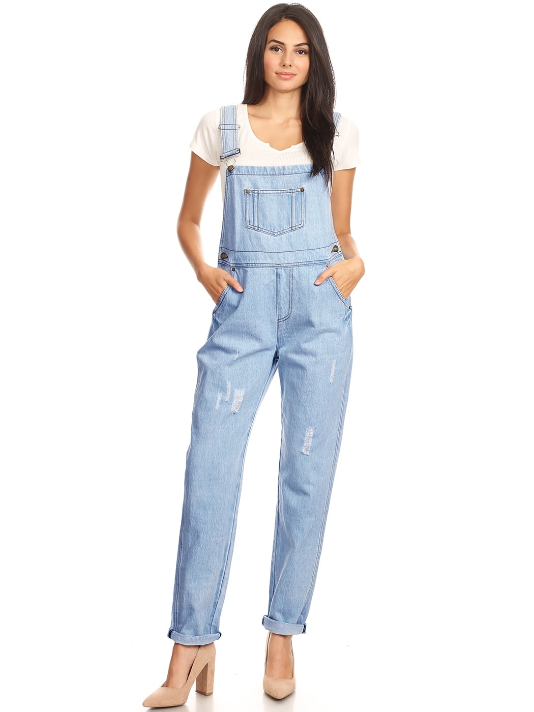 Casual Distressed Denim Overalls For Womens With Tapered Leg and ...