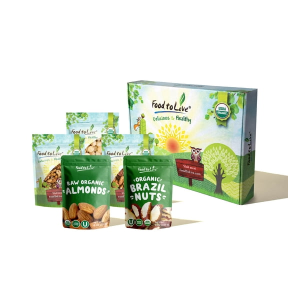 Organic Heart Healthy Nuts in a Gift Box - A Variety Pack of Pecans, Macadamia Nuts, Almonds, Walnuts and Brazil Nuts ? by Food to Live