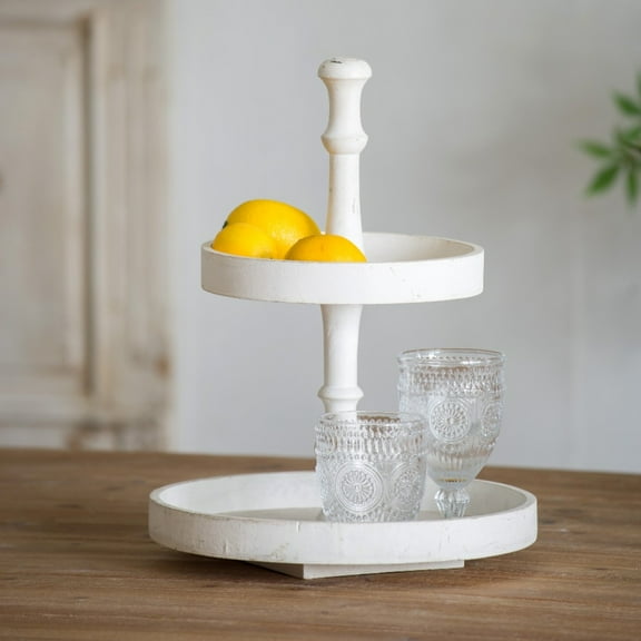 Zateety D11.8x15.4" Two-Tiered Round Wooden Tray, White