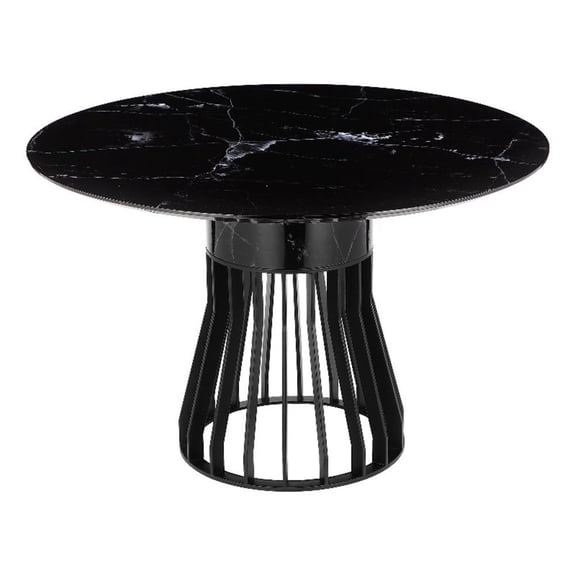 Benjara Jett 47" Dining Table- Round Marble Top- Metal Cage Frame Base- Black