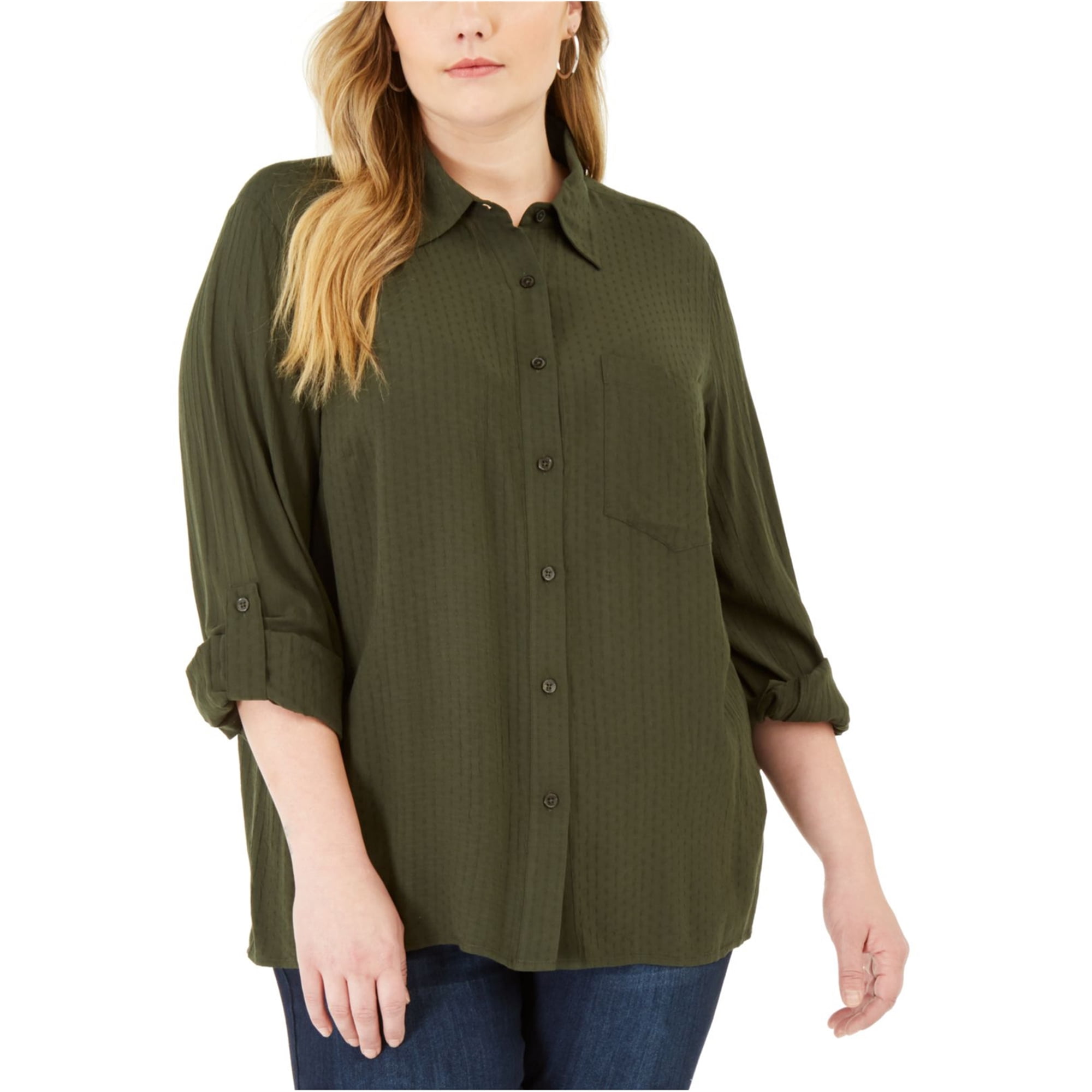 Michael Kors Womens Dobby Button Up Shirt, Green, 3X 