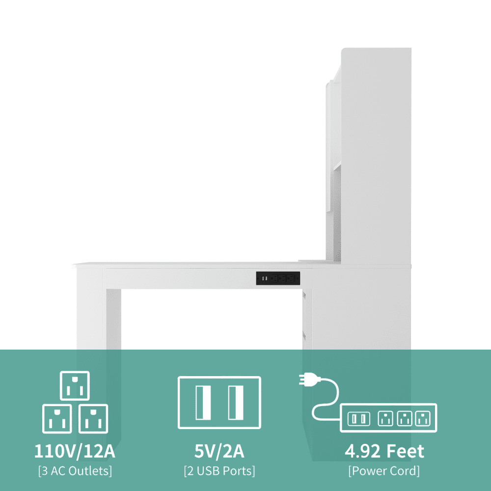 Tcbosik L-Shaped Corner Desk with LED Lights and Charging Station, Computer Desk with Hutch, Bookshelf & Pegboard, Writing Table with Shelf, Door and 4 Drawers for Home Office, White