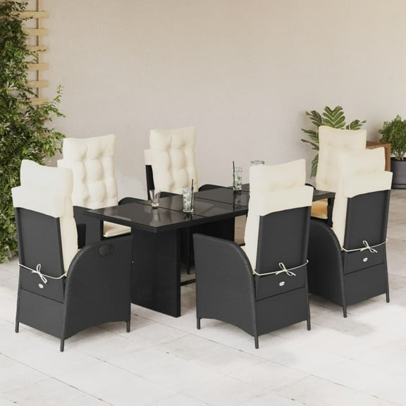 vidaXL 7 Piece Patio Dining Set with Cushions Black Poly Rattan