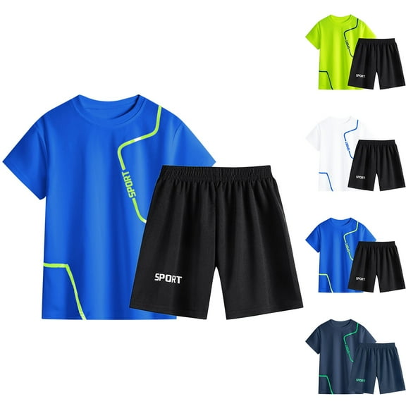 Cethrio Kids Boys Outfit Sets, Basketball Athletic Summer Casual Shirts and Shorts Set Blue Size 7-8 T
