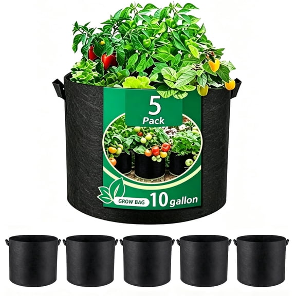 5-Pack Fabric Grow Bags 10 Gallon, 300G Thickened Nonwoven Plant Grow Bags, Grow Pots for Plants, Growing Bags with Handles, Planting Bags for Vegetables
