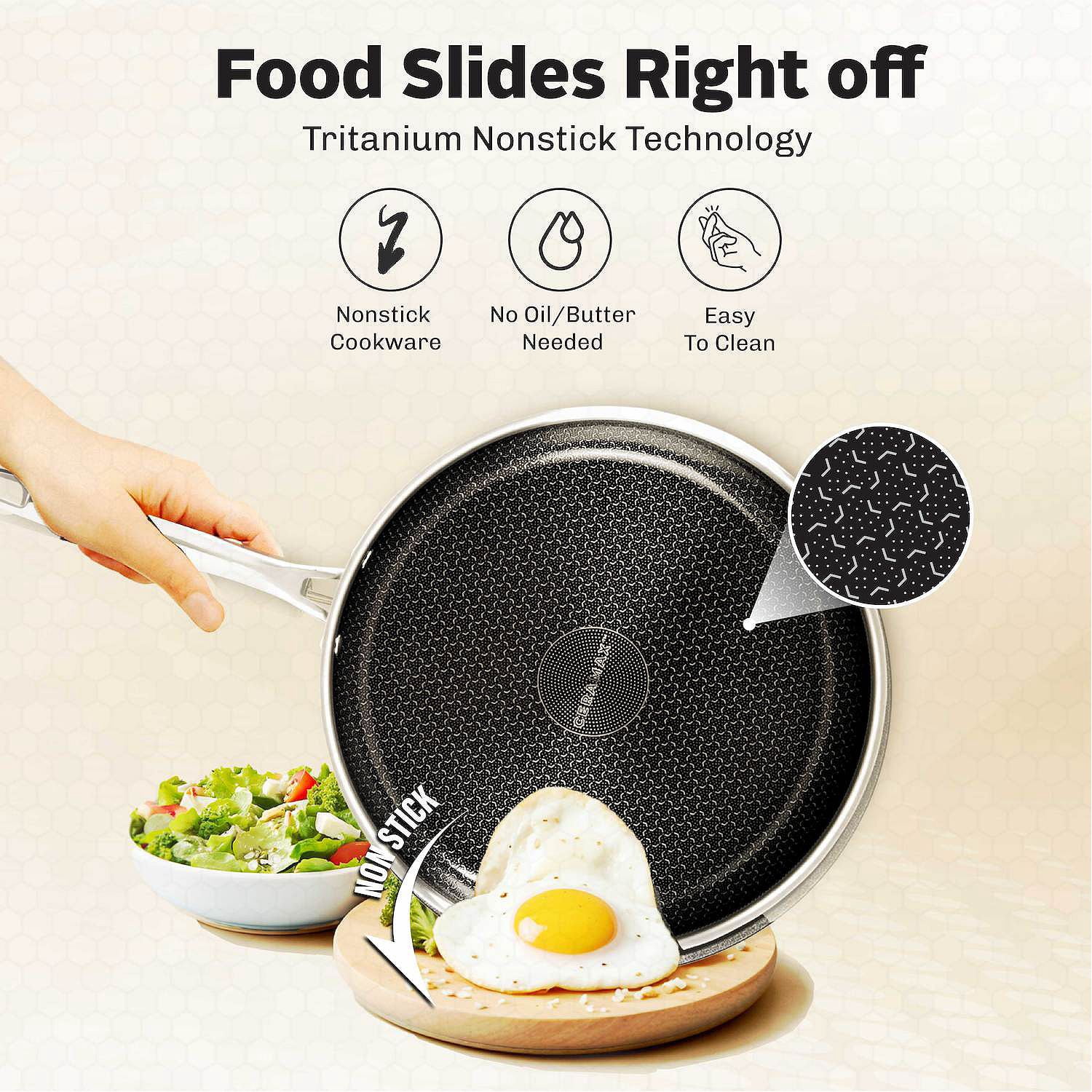 Ceramax 3pc Non Stick Frying Pans Set, 8, 10, 12 inch 3 Layer Tri-Ply Ceramic Frying Pan Skillet Set with Tritanium Nonstick Technology, Micro Textured Ceramic Etched Design, Induction Ready, Black