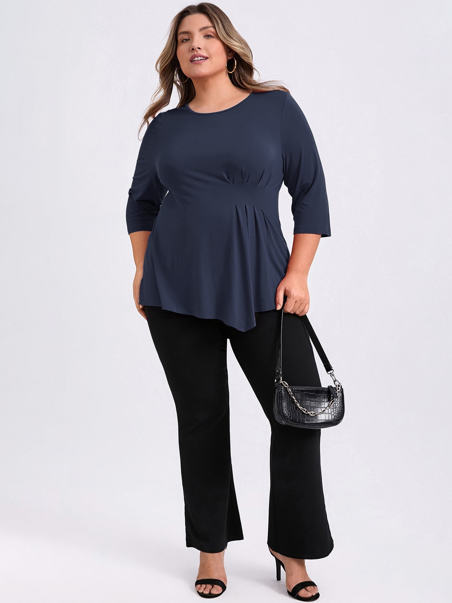 DARING DIVA Women's Plus Crew Neck 3/4 Sleeve Waist Pleated Blouse 2X Dark Blue