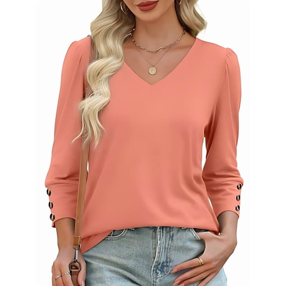 Womens 3/4 Sleeve Tops with Buttons V-Neck Summer Outfits Casual Blouses Shirts Beach Vacation Fall Clothes 2025 Coral L