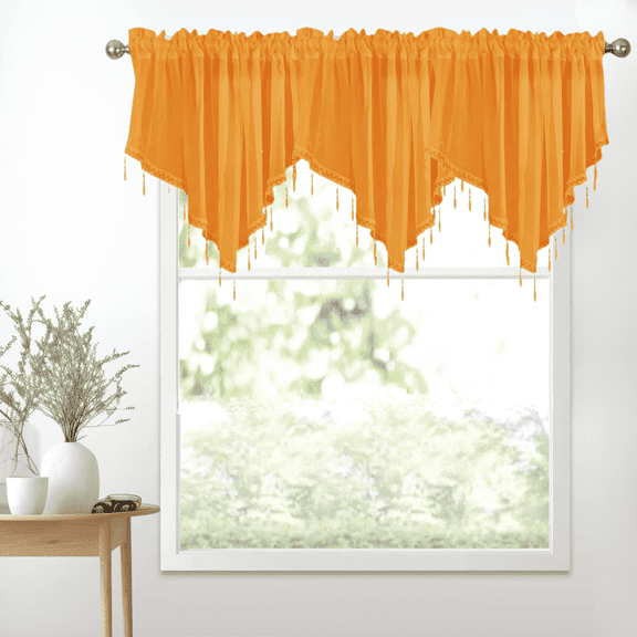 Nekings Sheer Beaded Valance Curtain, 51"x24" Rod Pocket Scalloped Window Treatment for Kitchen Bathroom