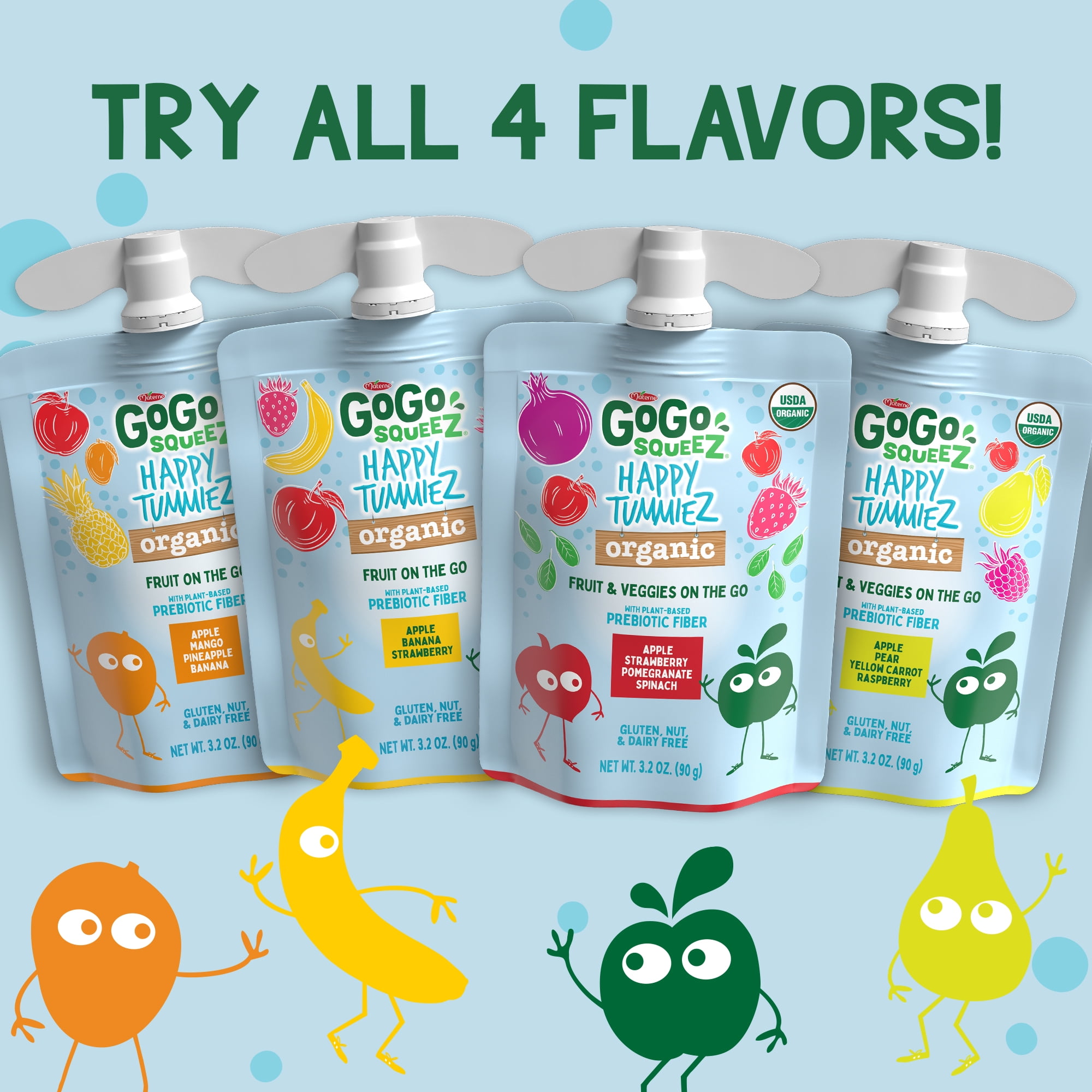 GoGo squeeZ Happy TummieZ Apple Pear Yellow Carrot Raspberry and Organic Apple Strawberry Pomegranate Spinach Snack Pouches, 3.2 oz, 10 Pack