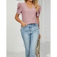 thumbnail image 5 of Cogild Women Casual Tops Summer Puff Sleeve Hollow Out V Neck Elegant T Shirts, 5 of 6