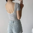 thumbnail image 6 of AXXD Gray Basic Business Casual Tops for Women Summer 2024 Short Sleeved V-neck Solid Color Elastic Slim Jumpsuit Long Sleeved Round-neck Top/shirt, 6 of 7