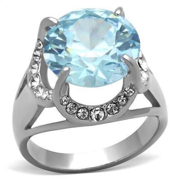 Womans Silver Aquamarine Ring Ring High polished (no plating) Stainless Steel Ring with AAA Grade CZ in Sea Blue TK1423