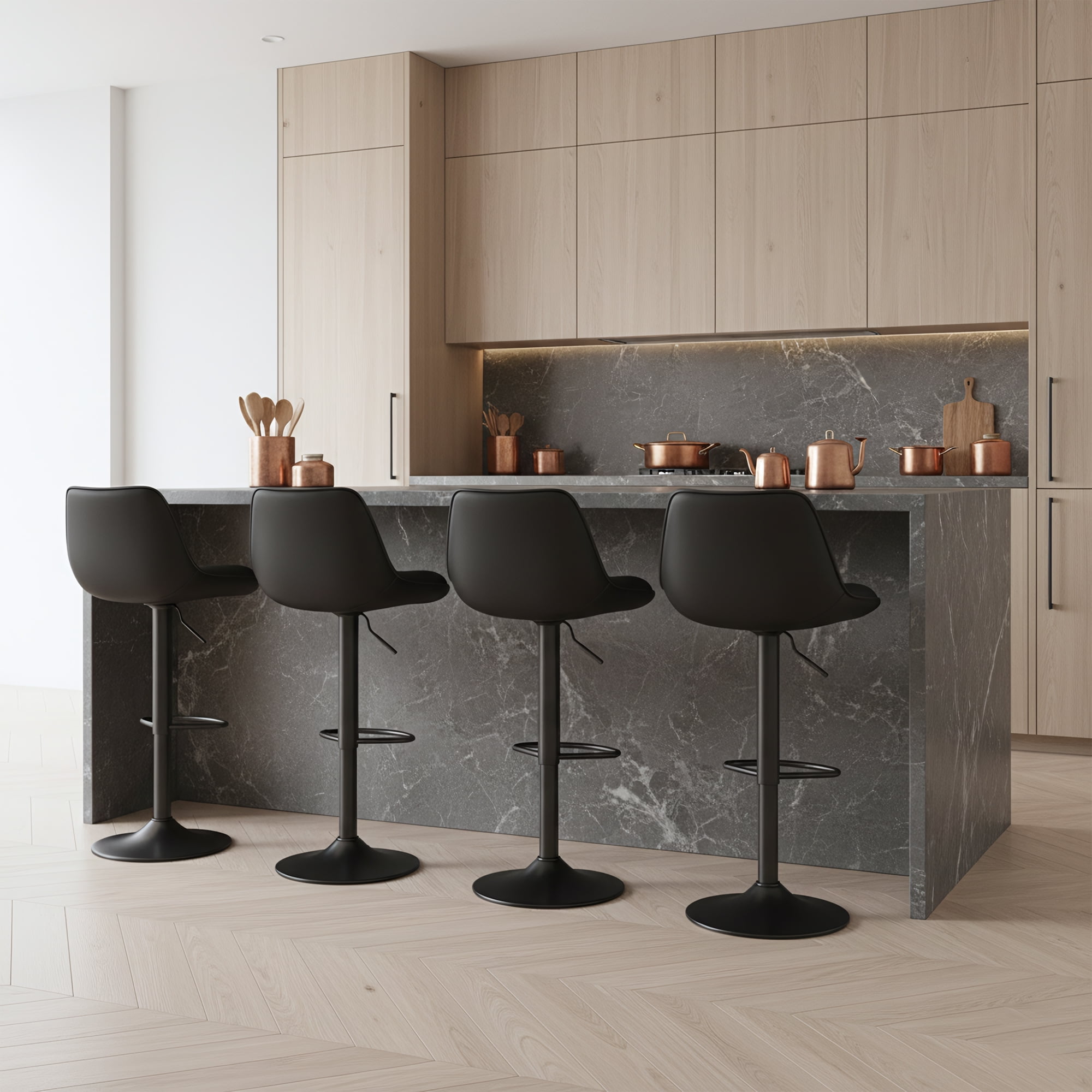 EOP Upholstered Bar Stools Set of 4, Adjustable Swivel Counter Height Bar Chairs with Backrest, Modern PU Leather Counter Stools for Bar, Kitchen, Dining Room, Black