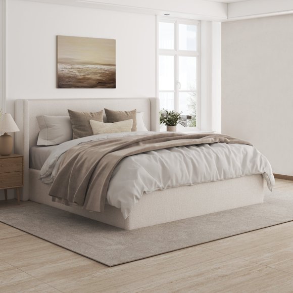 Aykah Aura Beige Upholstered King Bed Frame with Storage, Modern Wingback, Metal Frame, High Headboard