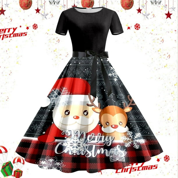 Vestidos de Mujer Vestido de Fiesta de Noche de Manga Corta Con Estampado Navideño de Los Años 50