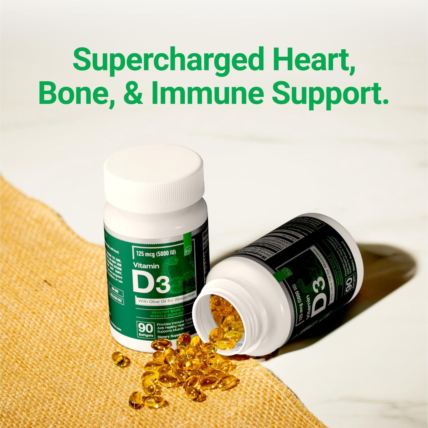 Essential elements Vitamin D3 5000 IU - Softgels with Olive Oil - Bone, Muscle, & Immune Support - 2 pack