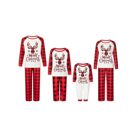 

Family Matching Christmas Pajamas Set Letter Elk Print Long-Sleeved Tops + Plaid Trousers Sleepwear Outfits