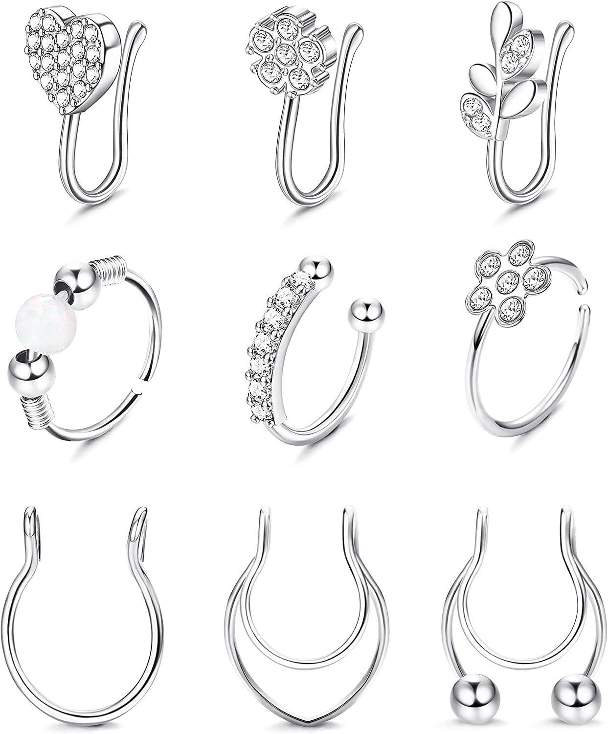 9Pcs Fake Nose Rings Stainless Faux Nose Ring Hoop Inlaid CZ for Women