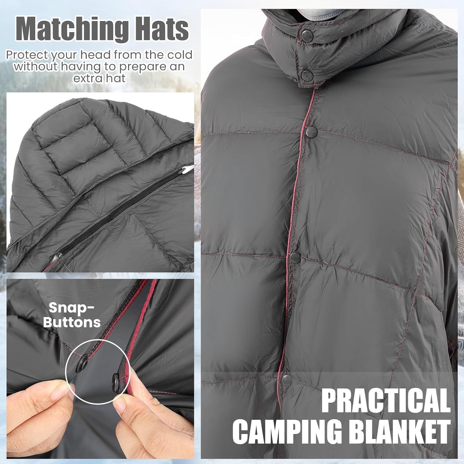 Upgraded Hooded Down Camping Blanket Waterproof 650 Fill Puffy Poncho Blanket 77" x 50" Packable Wearable Sleeping Bag with Detachable Hat Outdoor Stadium Camping, 1.36 lb(Grey)