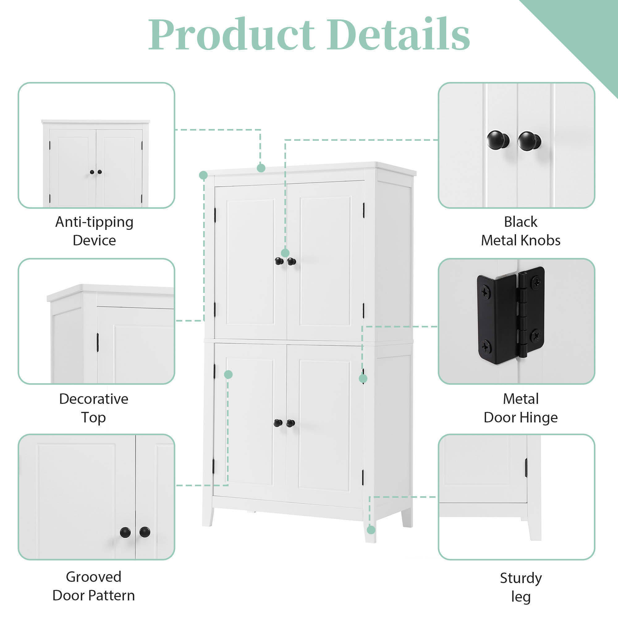 MAYEERTY Elegant Bathroom Cabinet Freestanding 4 Doors Adjustable Shelves White