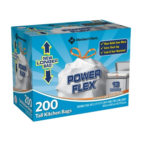 (200 count) Member's Mark Power Flex Tall Original scent Kitchen Drawstring Trash Bags (13 Gallon, 2 Rolls of 100ct)