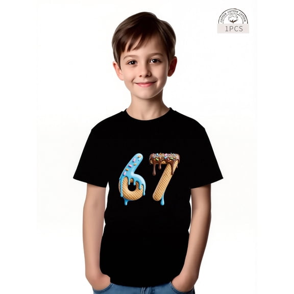 children’s wear Kids Boys Funny Sweet Waffle Number 67 Graphic T-Shirt Soft Cotton Short Sleeve Crewneck Top Cute Birthday Party Clothes