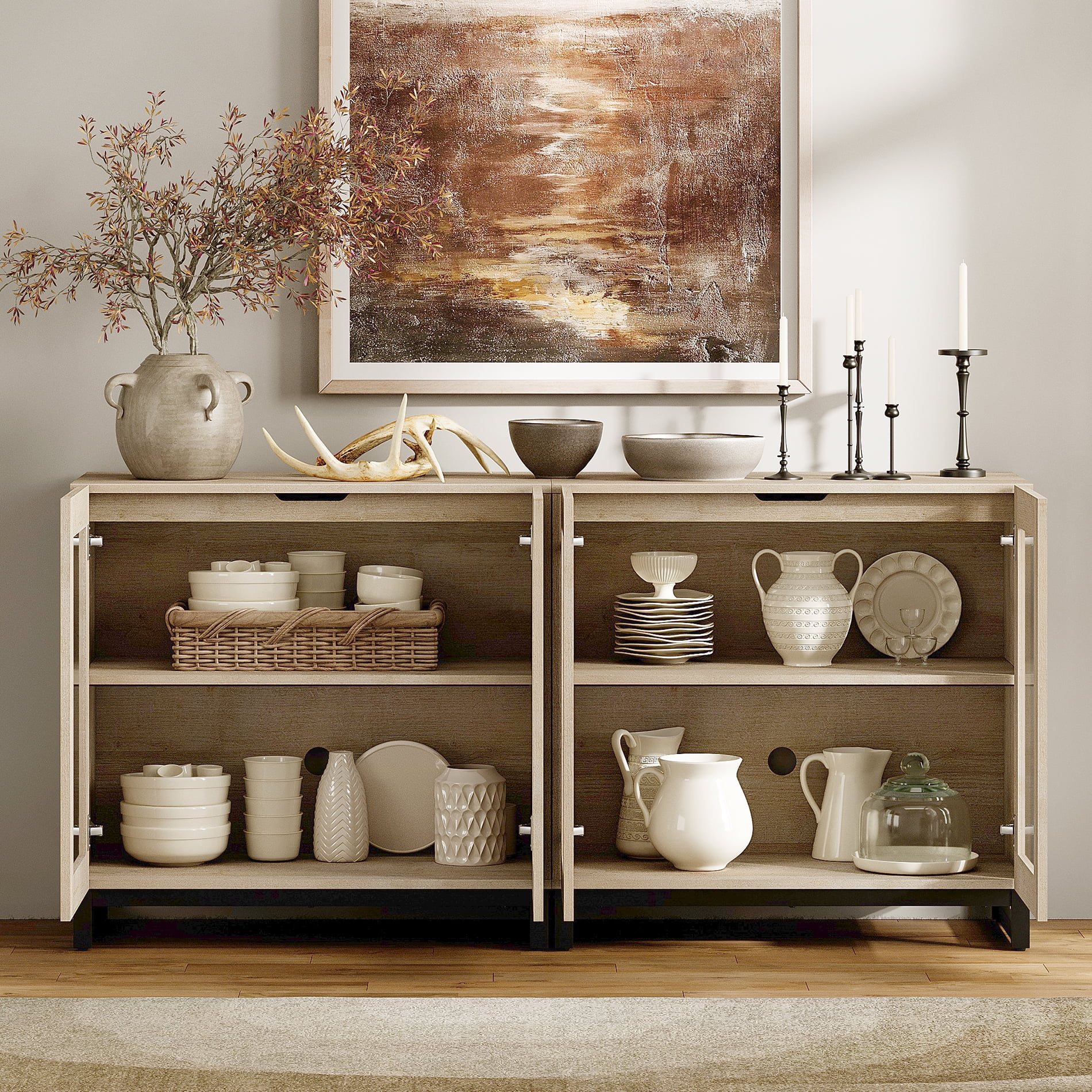 WAMPAT 2-in-1 Multifunctional Sideboard Buffet Cabinet with 4 Glass Doors and Adjustable Shelf Coffee Bar Storage Cabinet for Living Room Kitchen,Beige