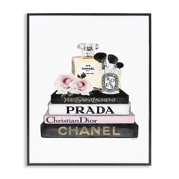 Stupell Industries Art Deco Fashion Designer Flower Makeup Bookstack Black Pink Watercolor Black Framed Giclee Art, 16 x 20, by Amanda Greenwood