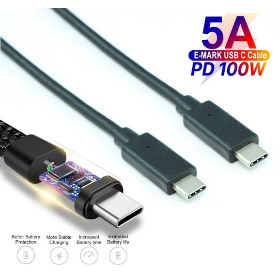 6ft 3ft USB 3.2 Gen 2 Type-C Male/Male Cable, PD to 100W/5A, 10Gbps Black