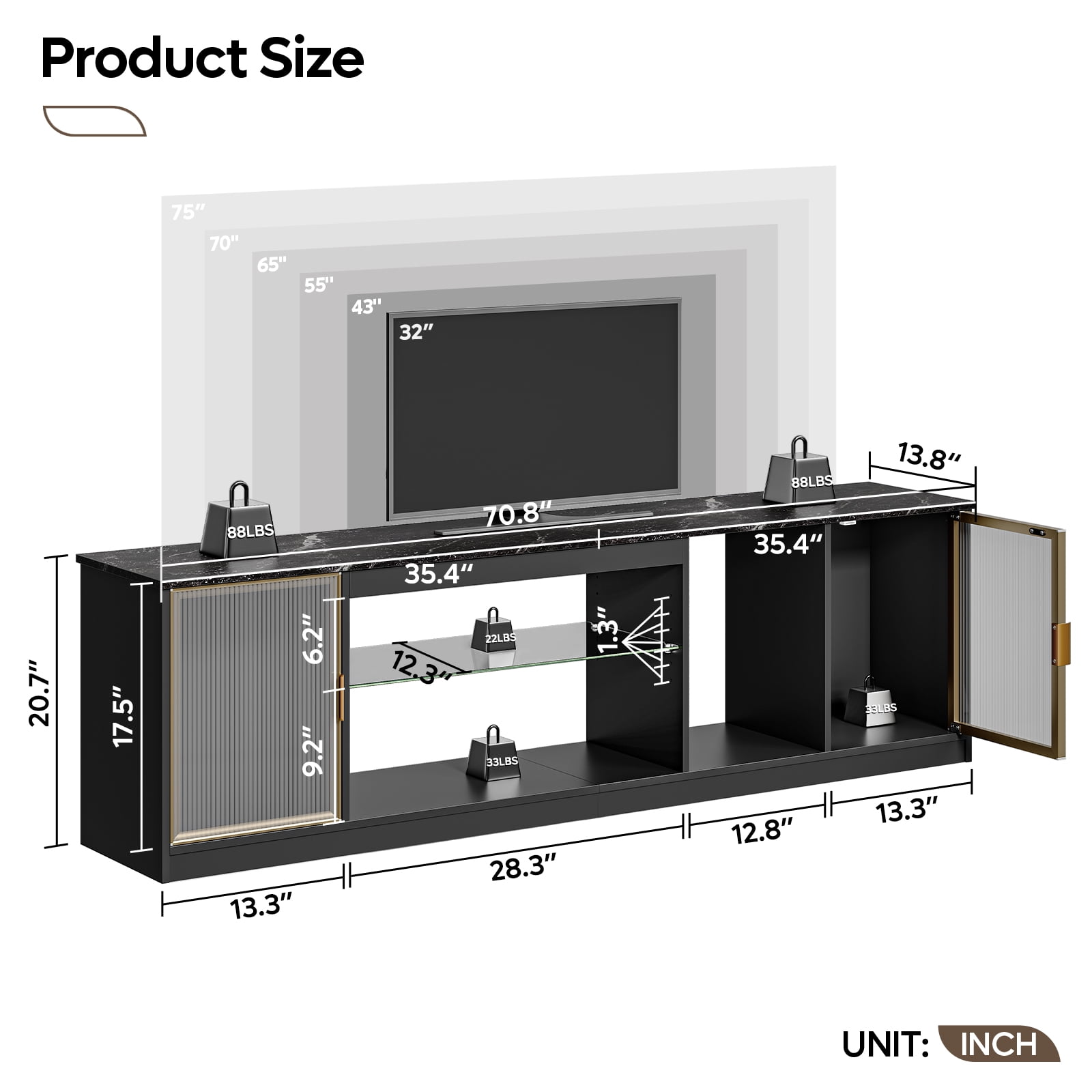 Bestier LED TV Stand for TVs up to 75", Gaming Entertainment Center with Storage Cabinet for PS5, TV Console for Living Room, Black Marble