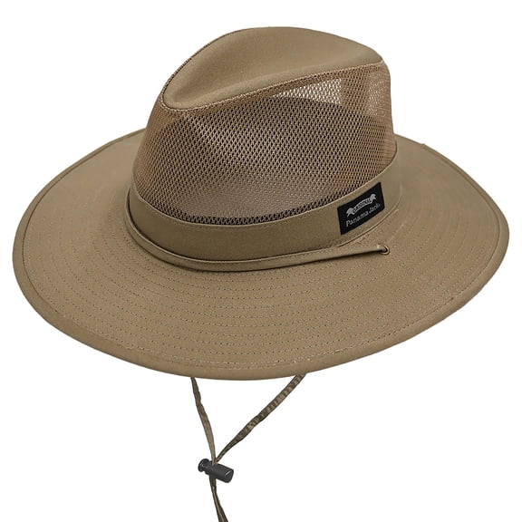 Panama Jack Unisex UPF 50 Cotton Mesh Safari Hat with Chin Strap, 3.5 Inch Brim, Large, Brown