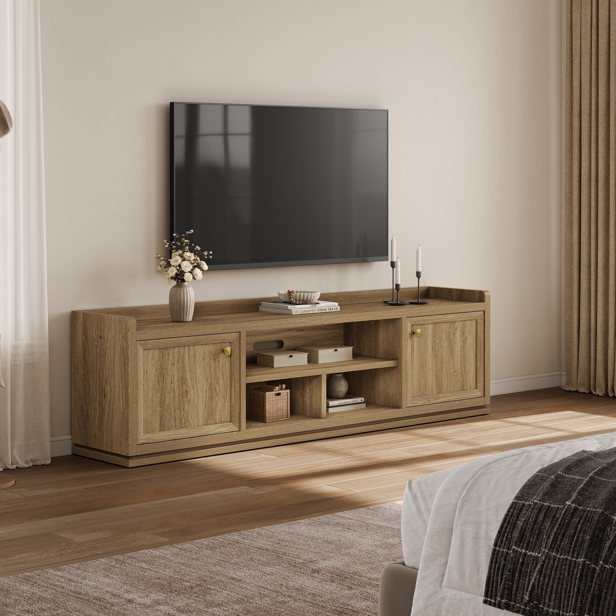 SICOTAS Farmhouse TV Stand for TVs up to 75", Entertainment Center with Storage Cabinets & Open Shelves, Wood TV Cabinet, Media Console Table for Living Room, Brown