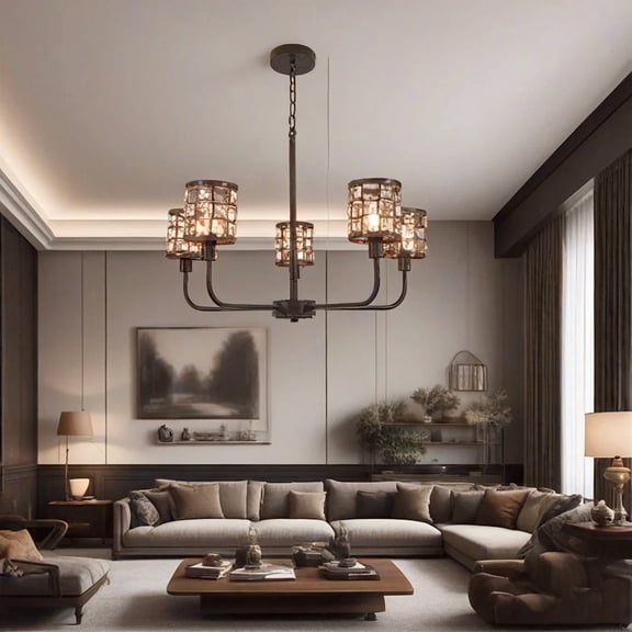 LUOLAX 25-inch retro American chandelier, 5-head living room chandelier, dining room study rust-colored lighting fixture