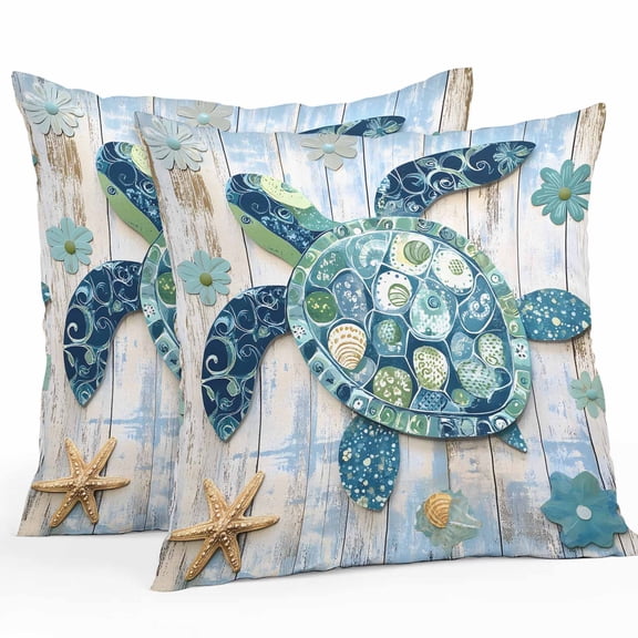 Boho Blue Sea Turtle Outdoor Pillow Covers Pack of 2 Floral Wood Grain Starfish Vintage Waterproof Throw Pillow Covers Decorative Cushion Cases for Patio Garden Tent Balcony Couch 24x24 inch