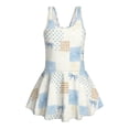 thumbnail image 4 of COEQINE Girls Bathing Suit One Piece with Full Coverage Skirt & Built-in Panty, Scoop Neck Tankini Style Cute Swimsuit, for Active Girls 5-6 Years, Blue Bow Polka Dots Patchwork, 4 of 8