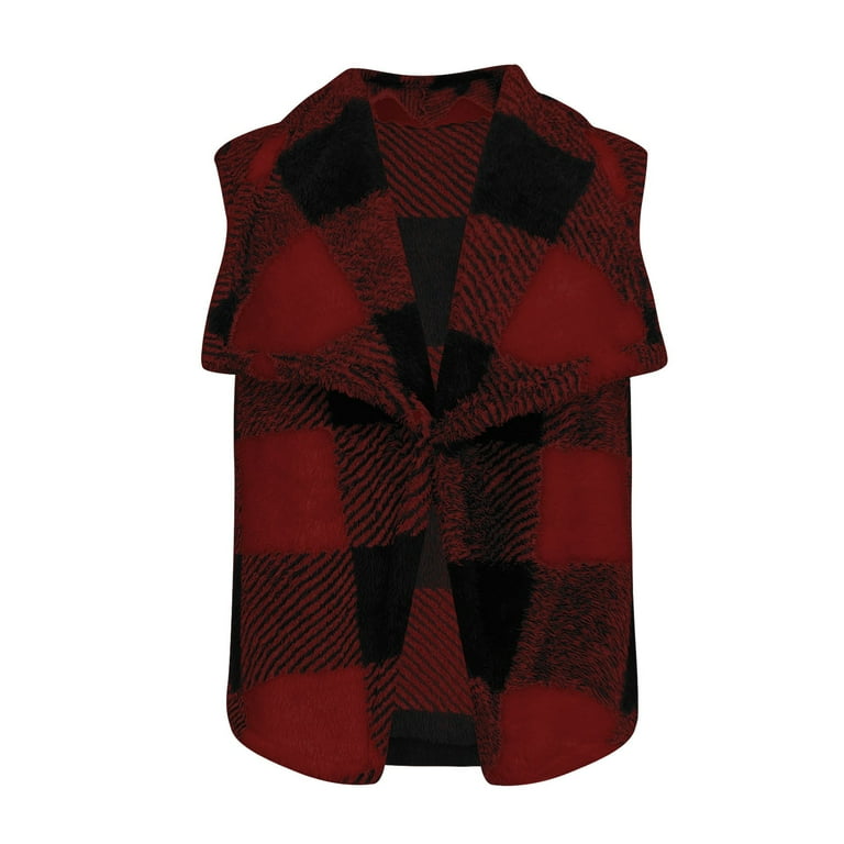 Womens Sherpa Vest Buffalo Plaid Lapel Open Front Fleece Cardigan Vest  Sleeveless Fuzzy Jacket Coat