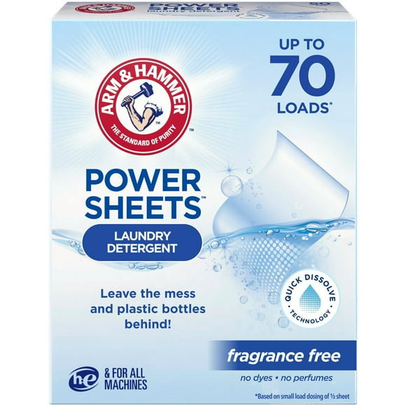 ARM & HAMMER Laundry Detergent Power Sheets - Quick Dissolve Strips - Up to 70 Loads - Convenient, Plastic Jug-Free Packaging - Fragrance Free Scent - 35 count
